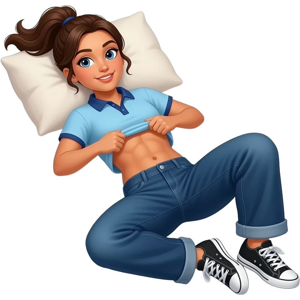Hispanic girl with brown ponytail and blue eyes light blue dark blue lined polo and dark blue baggy jeans and belly button and black and white sneakers laying down on the pillow in bed lifting her shirt rolling her tummy with abs emoji