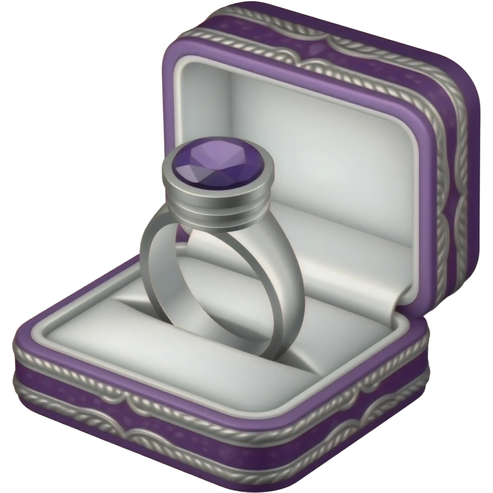 Amethyst men's style solid band ring in a purple box with silver ornate trim emoji
