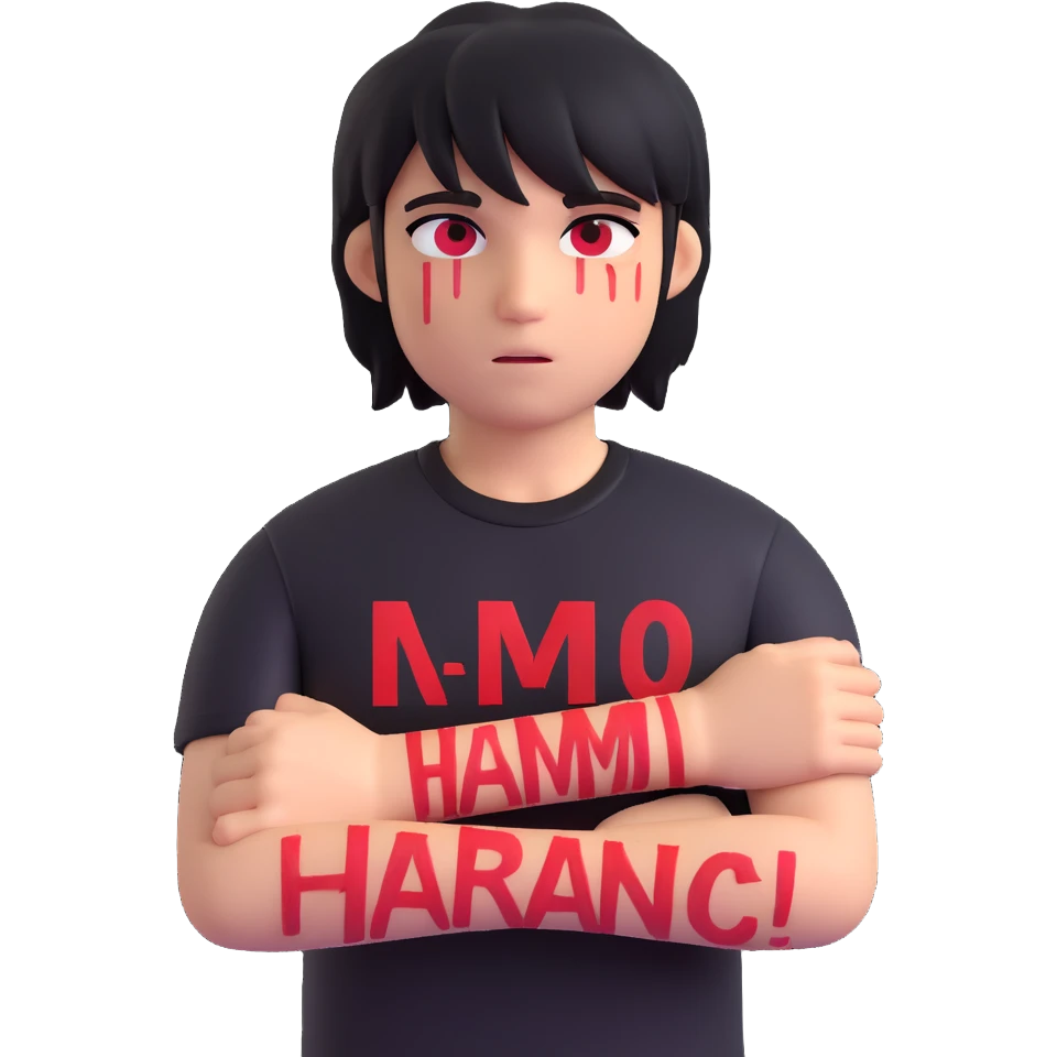 moody emo figure, self harm scars on arms, black shirt with red text, dramatic lighting emoji