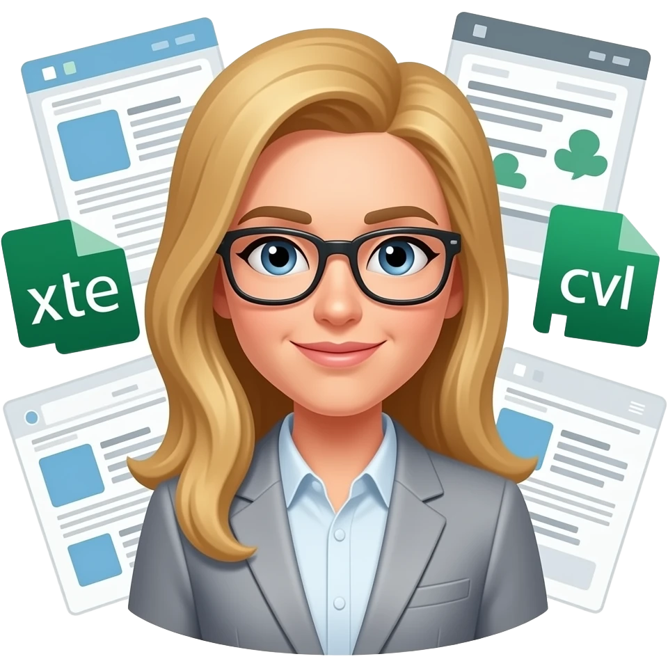 master data expert , "doc" "xls", "csv", "xml" sheets and docs around his head , blond long hair emoji