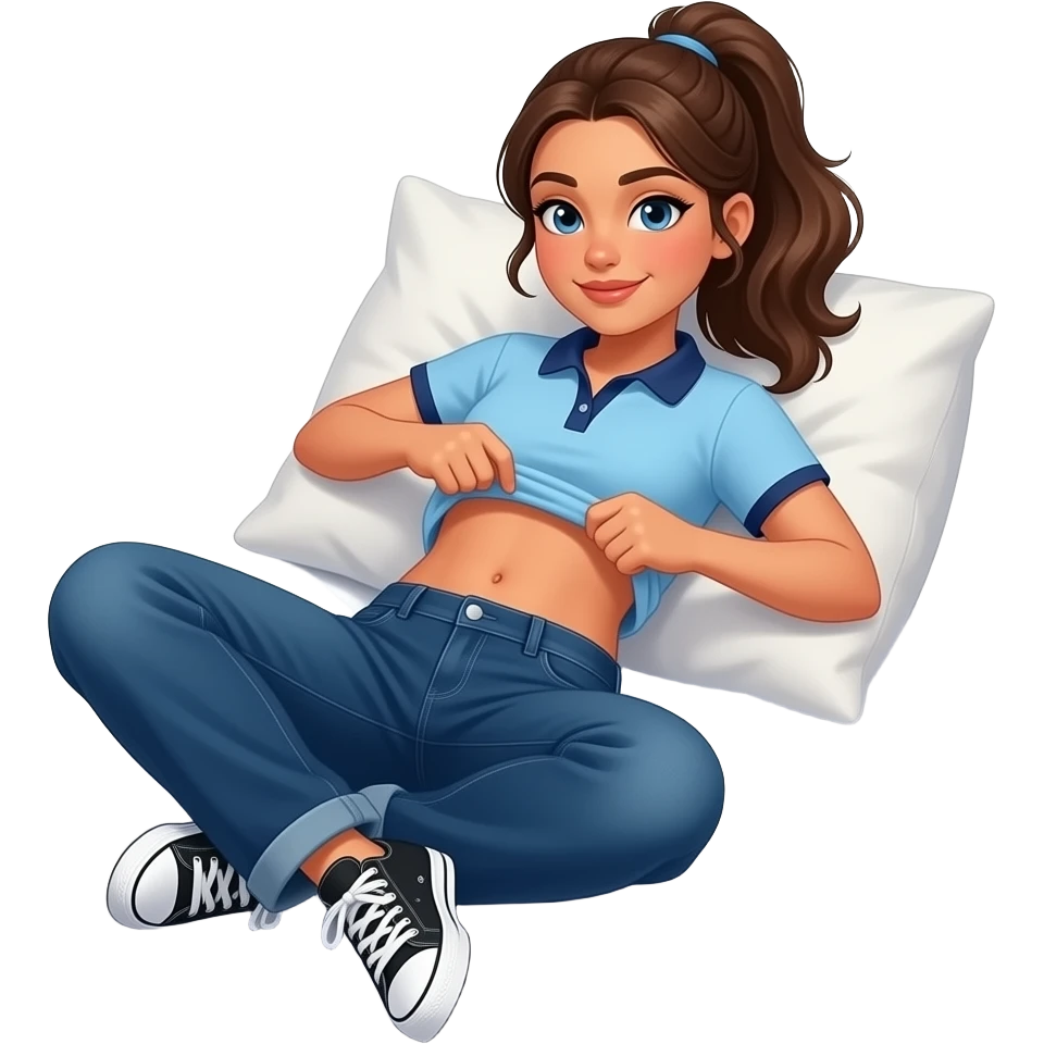 Hispanic girl with brown ponytail and blue eyes light blue and dark blue polo and dark blue baggy jeans and white and black sneakers and belly button laying down on her pillow on her bed lifting her shirt to show her belly emoji