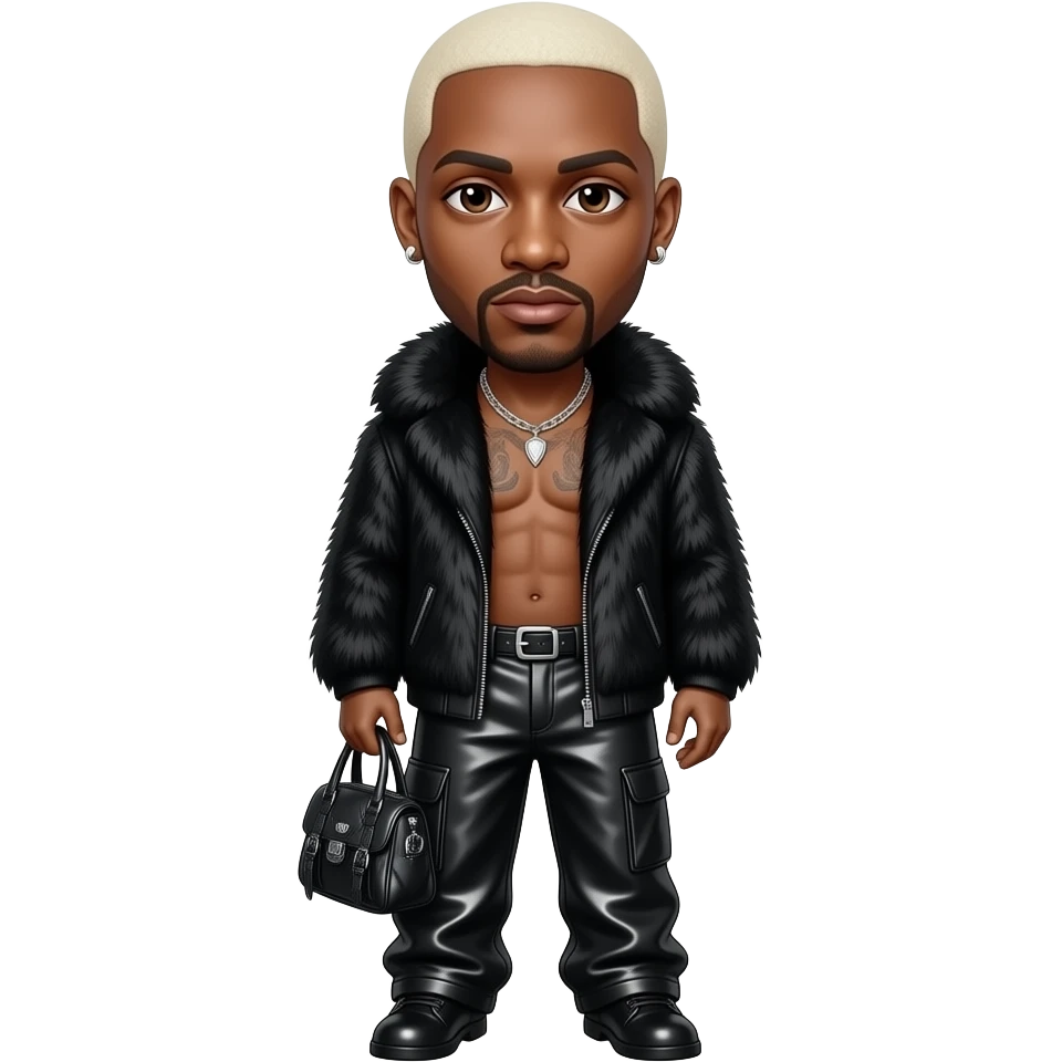 Sisqo with dark brown eyes, white blonde buzz cut hair, black fur shawl, black metallic baggy pants, shirtless with necklace and earrings emoji