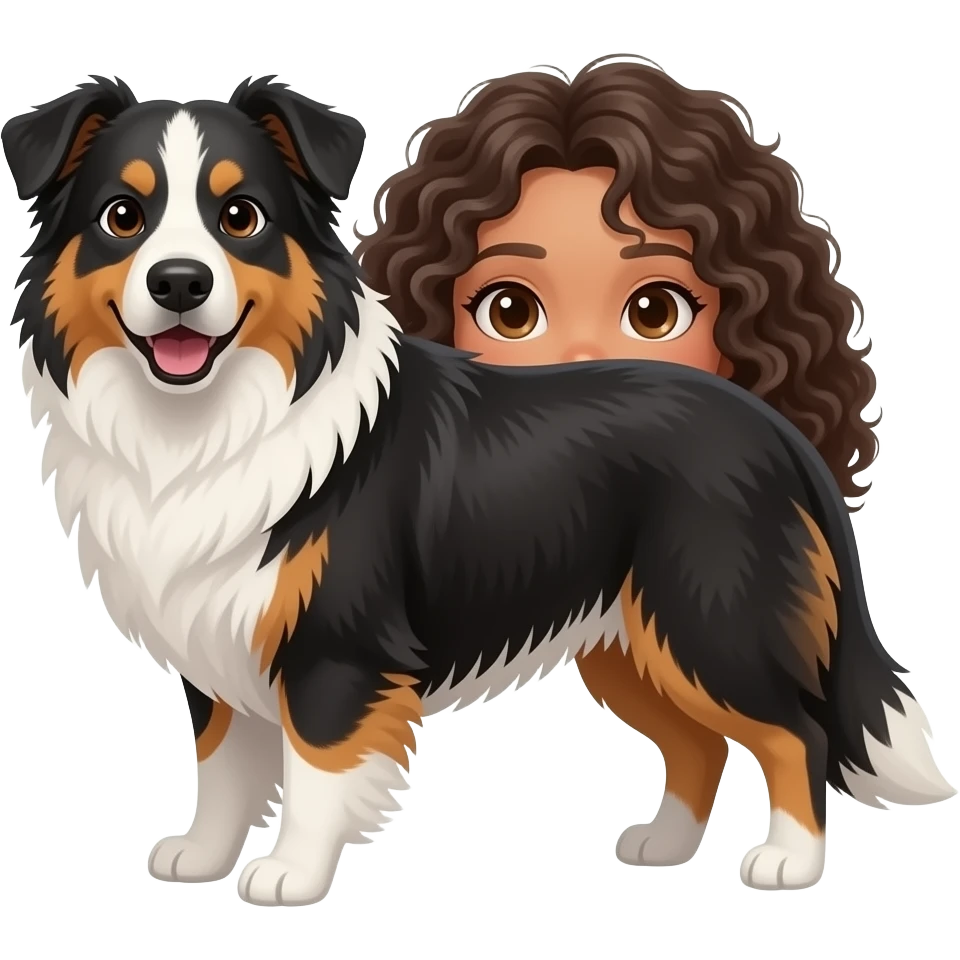generate a set of emojis. there should be an Australian shepherd in full bloom with a tricolor and a girl with brown eyes, curly hair, and dark hair without a tail emoji
