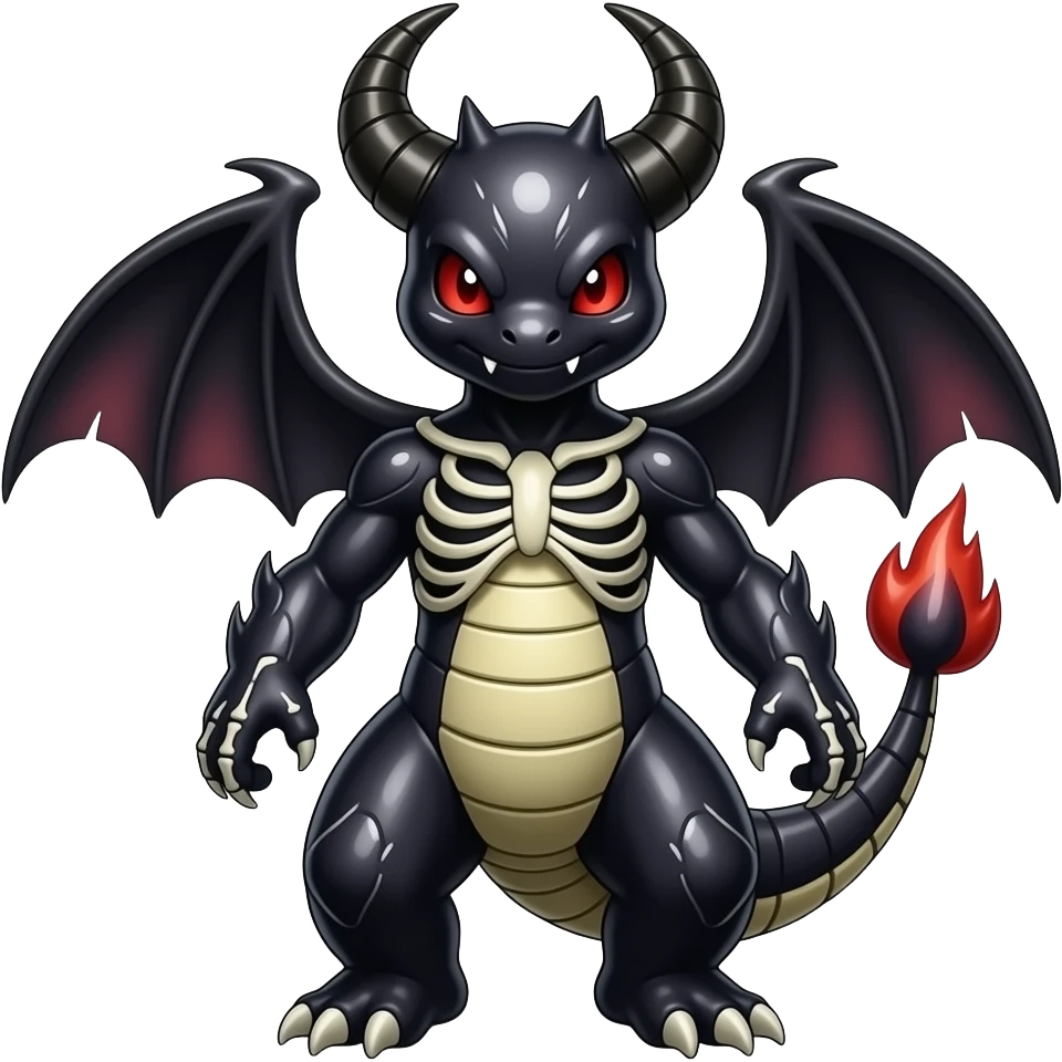 Shiny Horned Badass Edgy Dark Evil Spectral Dusky Spooky Skeletal Cool Hot Stylish Handsome Duskull-Darkrai-Charmeleon-Genesect-Fakémon-fusion (full body) emoji