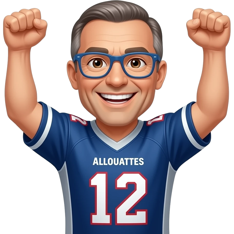 Male, Brown eyes, square jawed ,no hair, thin blue glasses,50 years old, Montréal Allouettes jersey, smiling showing teeth, cheering arms up emoji