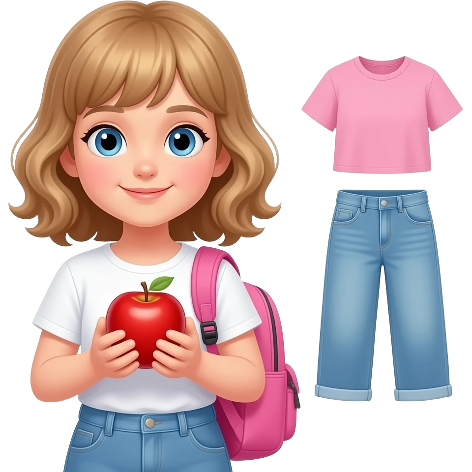 white kid blue eyes mid length hair to her shoulders with bangs soft curly hair to shoulders in color: middle to little darker blond. holding an apple in her hands with a pink backpack beside her and on the other side tomorrows outfit emoji