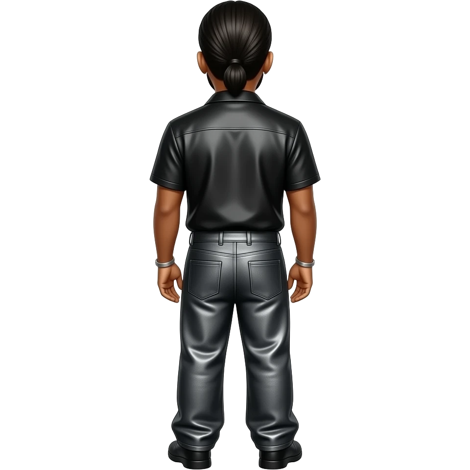 The Weeknd from behind with low ponytail hair, black metallic shirt, dark grey metallic faux loose pants emoji
