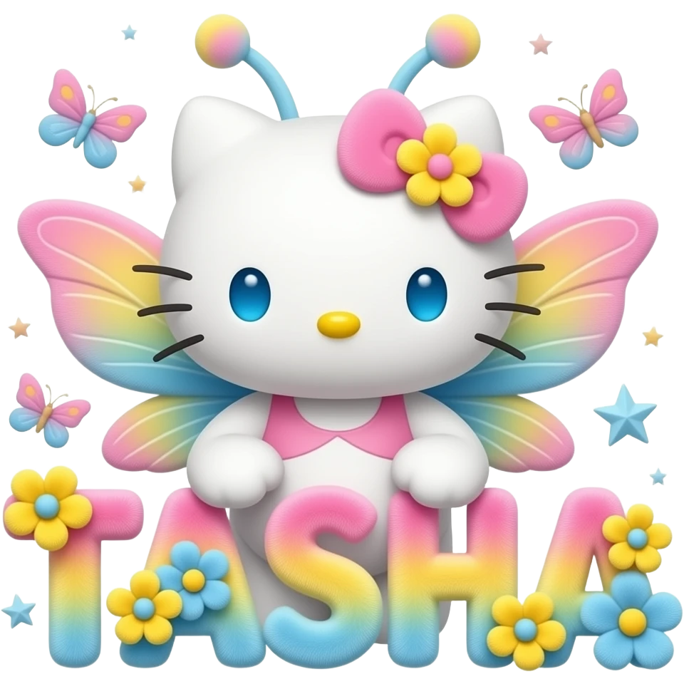 White velvety fur 3D hello kitty head, pink yellow blue ombre 3D flower ...