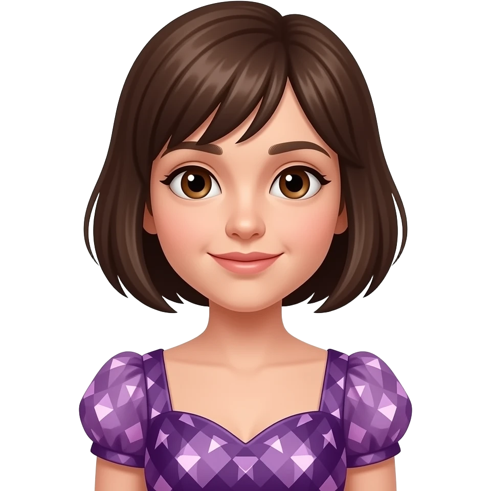 a girl with short brown hair with brown eyes loves dogs purple amethyst dress emoji