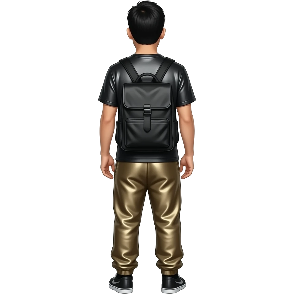 Mike Shinoda from behind with black metallic T-shirt, dark beige metallic baggy joggers emoji