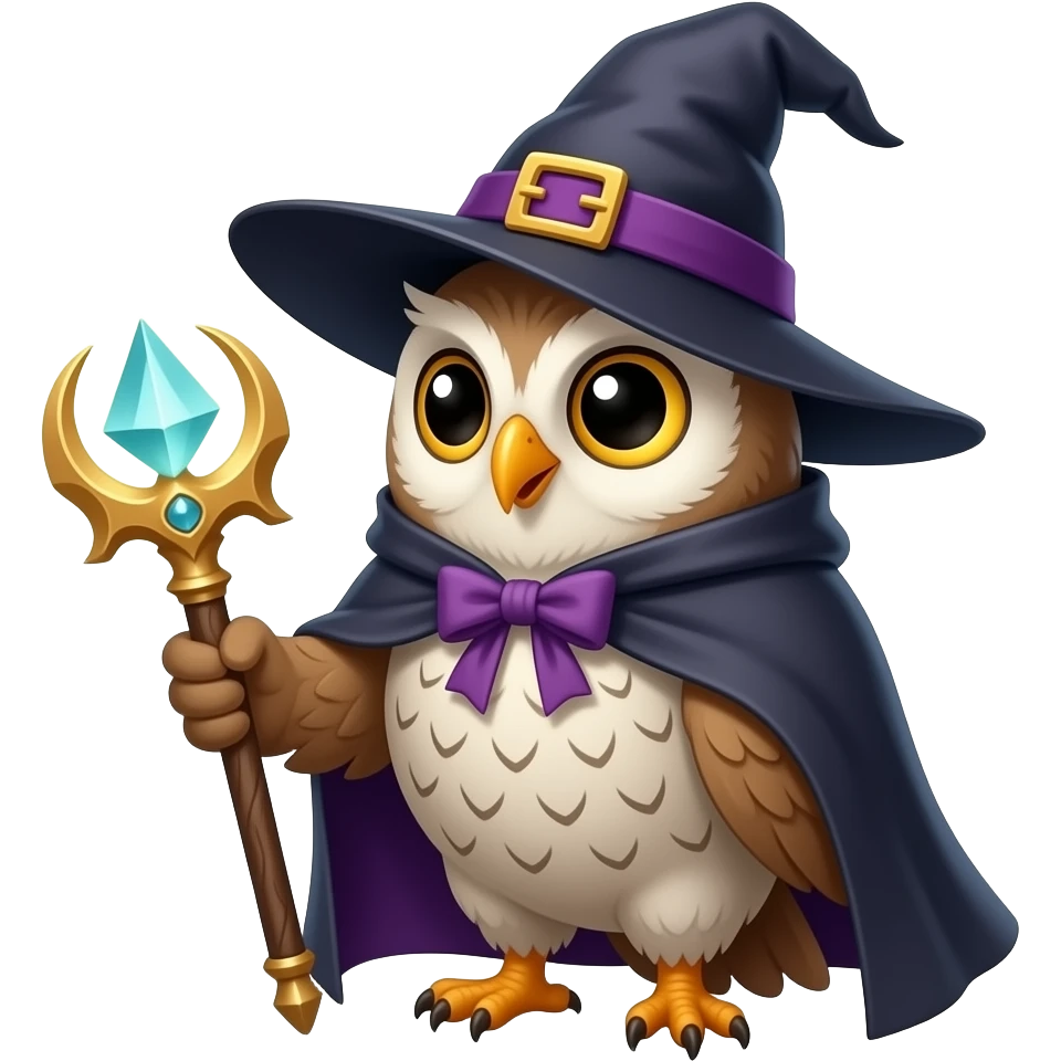 a owl wearing a witch hat and cape with holding a magical ward emoji ...