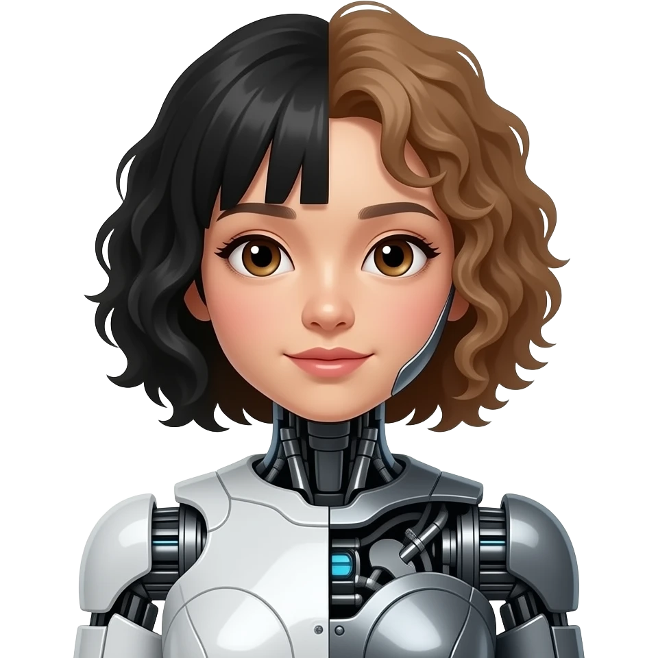 Make a half girl half robot snd have the head part be the human and the body robot and make the girl a black & asian girl  skin tone with light brown curly hair emoji