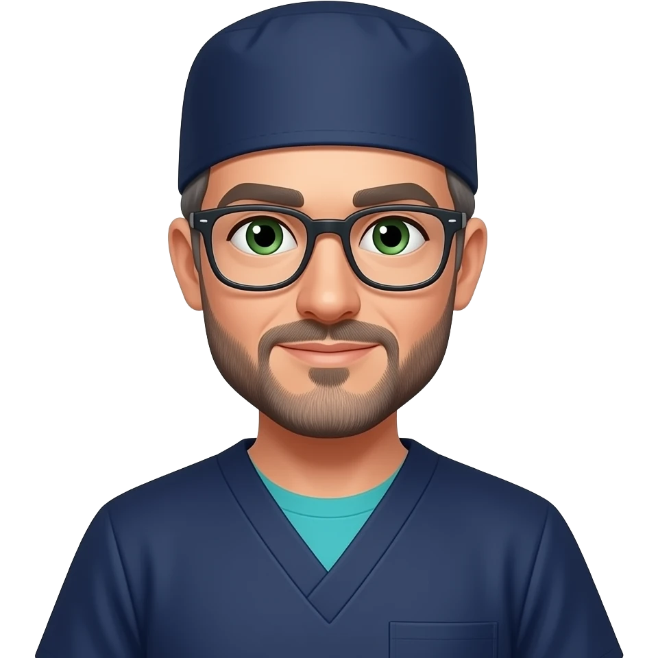 doctor with dark gray hair, beard stubble and green eyes in dark navy scub cap, torquoise shirt with no eyeware emoji