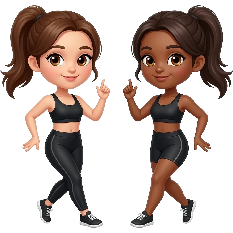 Girl dancers wearing black workout clothes, one with brown hair brown eyes and the other with darker hair and hazel eyes, both in ponytail, same skin tone emoji