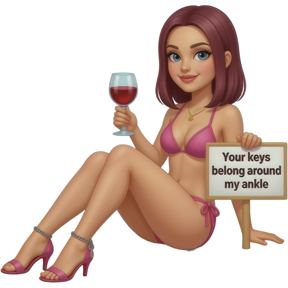 woman. burgundy, straight shoulder-length hair, sunbathing on beach. baby pink bikini. high stilettos. Ankle chain with small key dangling from it. Holding glass of red wine in one hand. Holding sign in other hand that says "Your keys belong around my ankle". emoji
