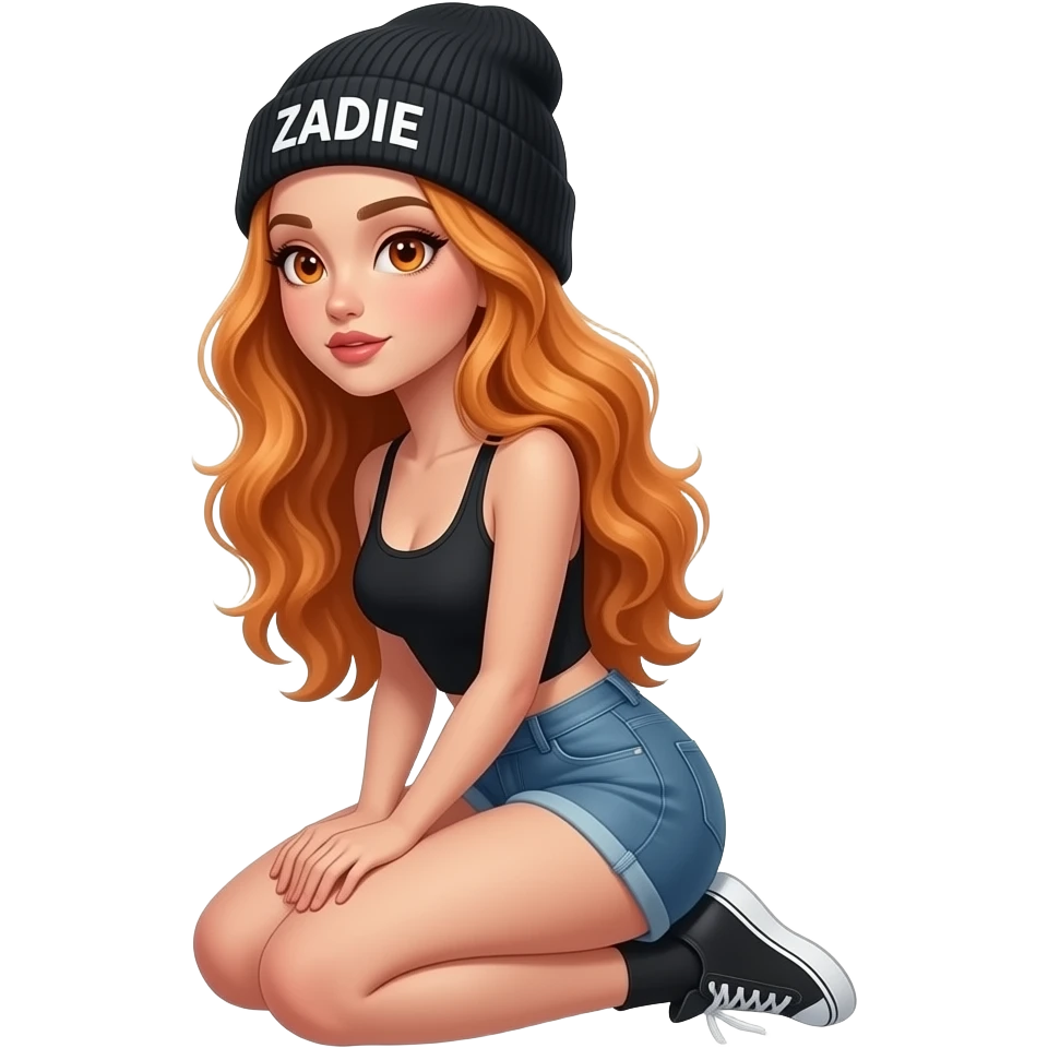 sexy girl with overlong wavy ginger hair and ginger eyes wearing a black tanktop and a black beanie with ZADIE written on it,  is on her knees from the side emoji
