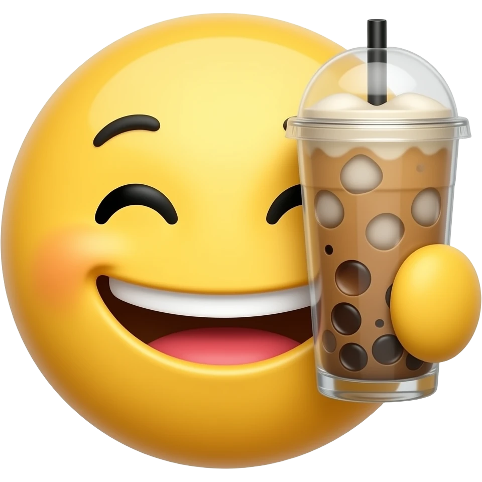 iOS Apple emoji style, glossy yellow cheerful face 😄 holding tall iced coffee glass. emoji