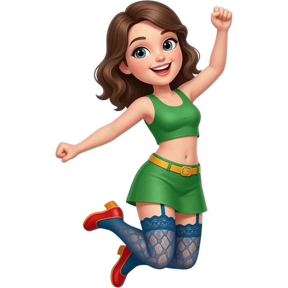 Girl(With Red Shoes With Orange Trim) Jumps And Lifts Green Short Dress Without Sleeves Up To See Blue Lace Stocking With Teal Garter Belt, Brief Lace Yellow Panties And Belly Button In Hockey. emoji