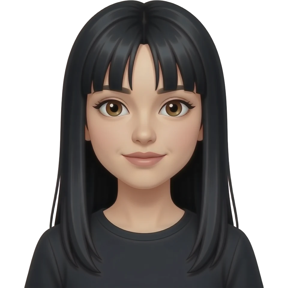 Chica pelinegra con pelo muy largo y negro y flequillo lacio partido a la mitad y que sea blanca y con ojos marrones y con top negro emoji