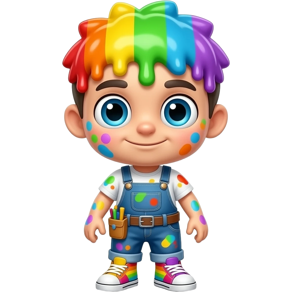 Rainbow paint mascot, full body, oversized head and tiny body, glossy rainbow paint skin, bright sky blue eyes, dripping colorful hairstyle, painter overalls, utility belt, colorful work sneakers, emoji style. emoji