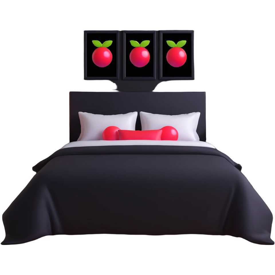 dark bedroom with black walls, black bed frame with black sheets, framed paintings of magic 8 balls and cherries, black nightstand with red LED lights emoji