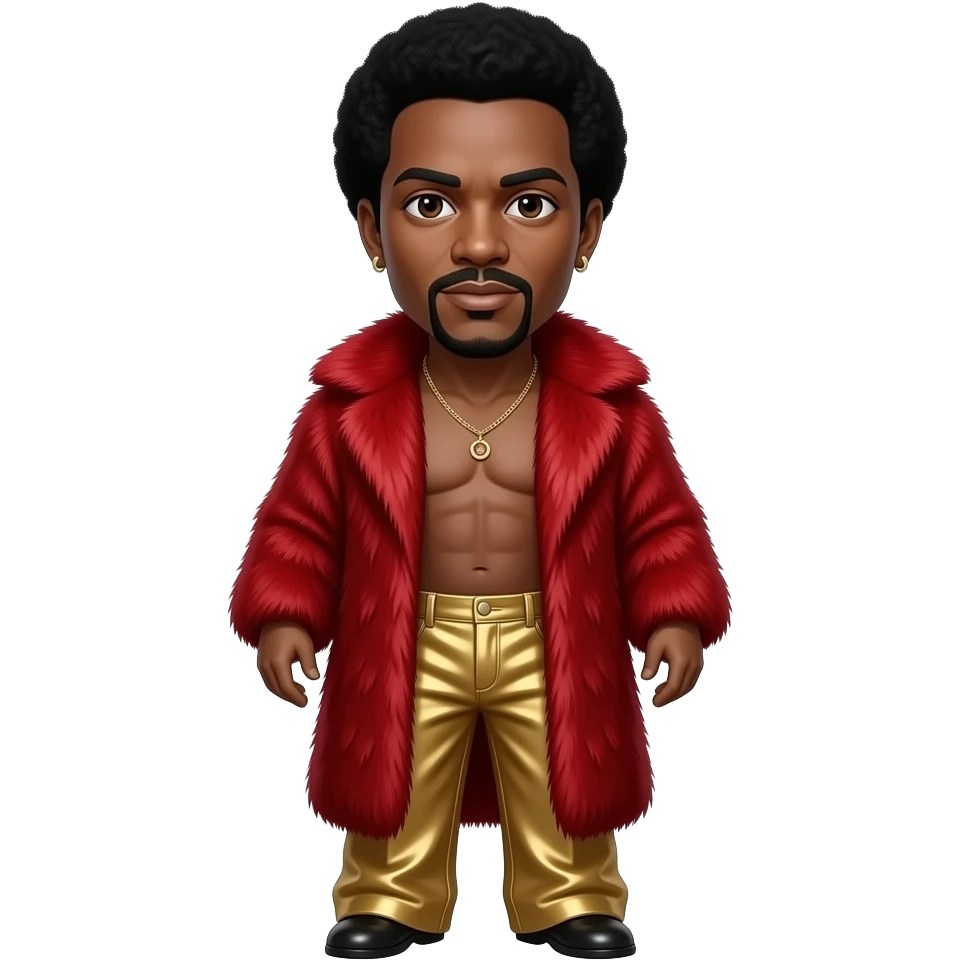 Ronald Isley with brown eyes, black short afro hair, crimson fur shawl, gold metallic baggy pants, shirtless with necklace and earrings emoji