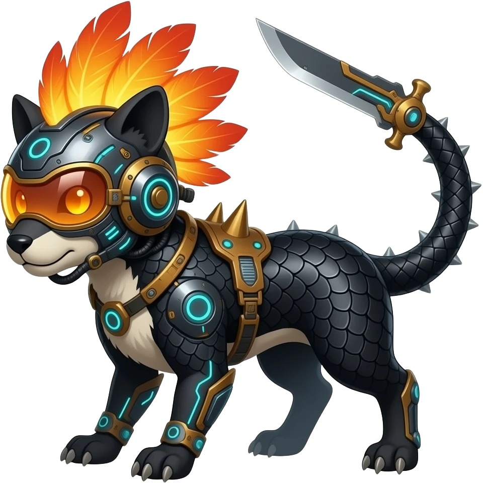 Cool edgy fiery bipedal furry cybernetic electrical visor-helmeted, Circuitry-patterned black-scaled digitigrade futuristic fantasy-Cyberpunk-Steampunk-Solarpunk-Genesect-Cyclizar-Salazzle-Protogen-Fakémon-animal-hybrid, with neon feather-mane, and a tail blade, back spikes emoji