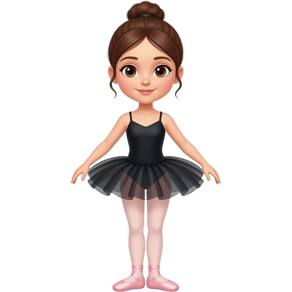 Girl ballet dancer with brown hair brown eyes in black leotard with no skirt pink ballet shoes and tights in a bun emoji