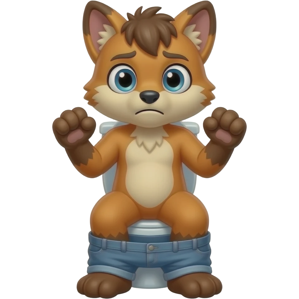 fursuit sitting on toilet, pants down, front view , both fists , uncomfortable,  close up of face emoji
