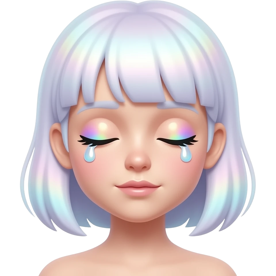 Sleepy emoji with glossy droopy eyes, pastel holographic glow, tiny floating stars and hearts, dreamy soft lighting, cute emoji sticker aesthetic emoji