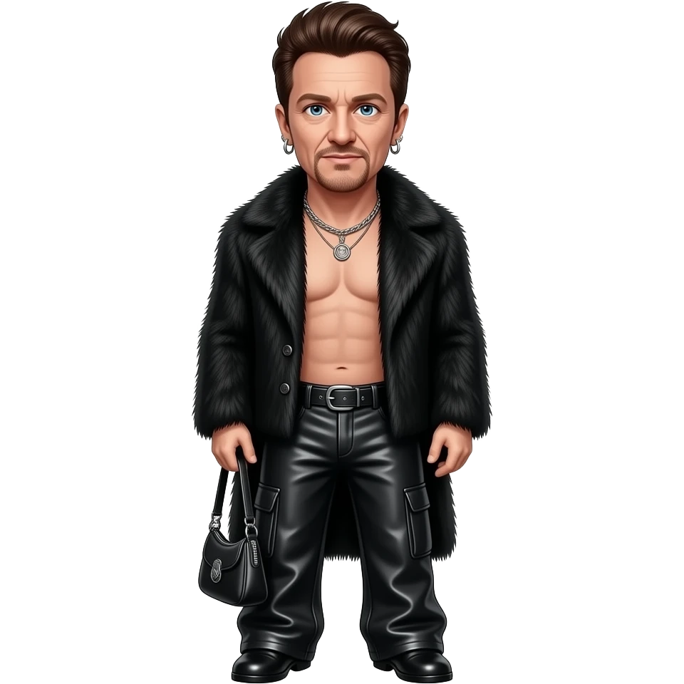 Bono with blue eyes, dark brown hair, black fur shawl, black metallic baggy pants, shirtless with necklace and earrings emoji