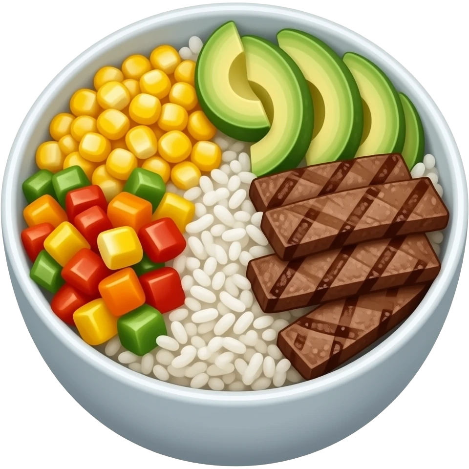 mexican rice bowl with rice, corn, avacado,beef and pepper, glossy juicy cartoon food render, chunky inflated shapes, simplified textures, clean icon rendering, vibrant colors, emoji style, mobile game icon, centered composition, isolated object, transparent background emoji