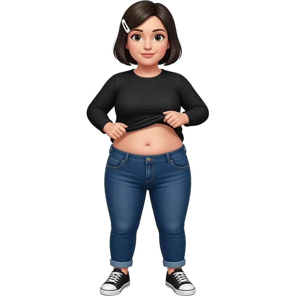 White woman with black short hair, white hair clip on the left of her hair, plain black long sleeve shirt, dark blue jeans, white and black sneakers, and a chubby body lifting her shirt to move her belly emoji