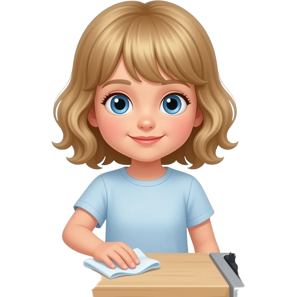 white kid blue eyes mid length hair to shoulders with bangs soft curly hair to shoulders in color: middle to little darker blond. house chores.  dusting, wipe surface etc emoji