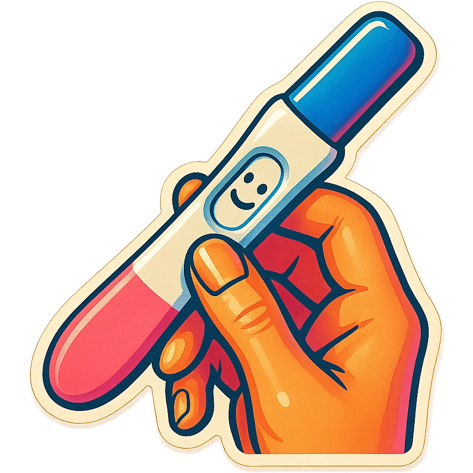pregnancy test in hand with smile on test, retro stickers style, soft rounded shapes, expressive contours, vintage color palette, light paper texture, shadows and highlights, transparent background emoji