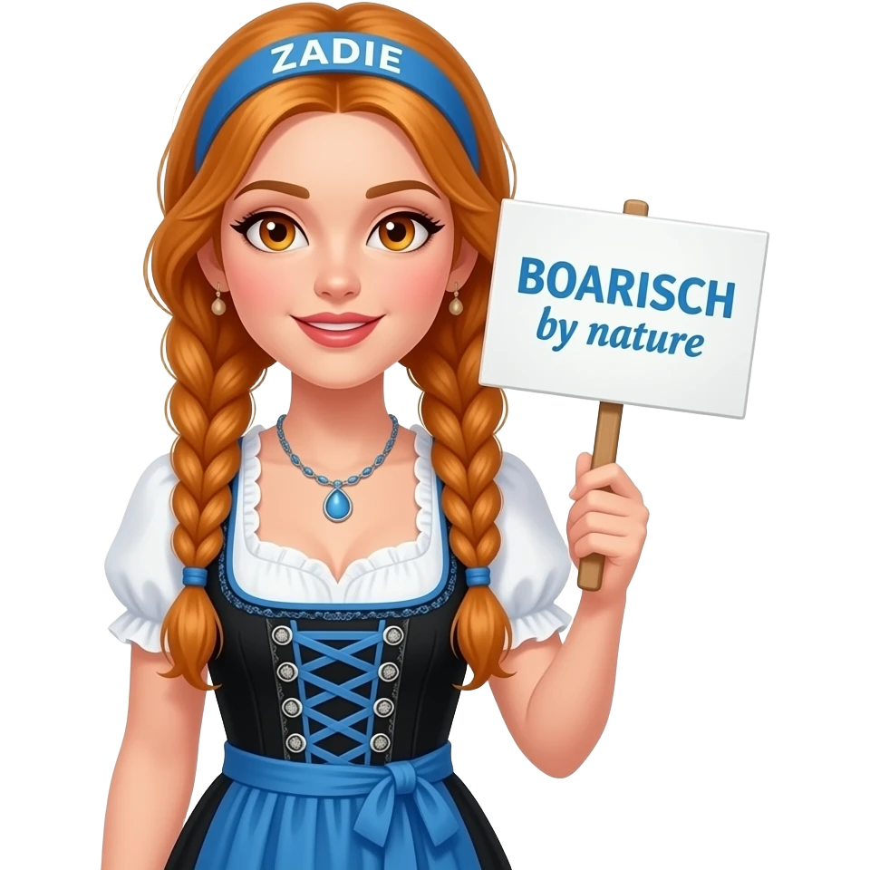 sexy girl with overlong ginger braids and ginger eyes wearing a black blue dirndl and a blue headband with ZADIE written on it, is holding a sign with BOARISCH by nature written on it emoji
