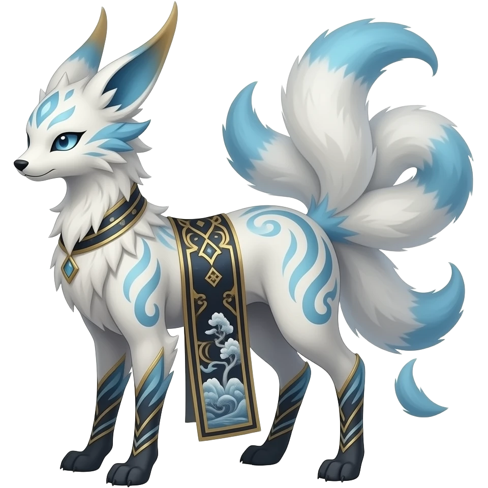 Slim thin lanky scrawny tall elegant oriental feral painted Asian Absol-Glaceon-Sylveon-fusion-hybrid-creature emoji