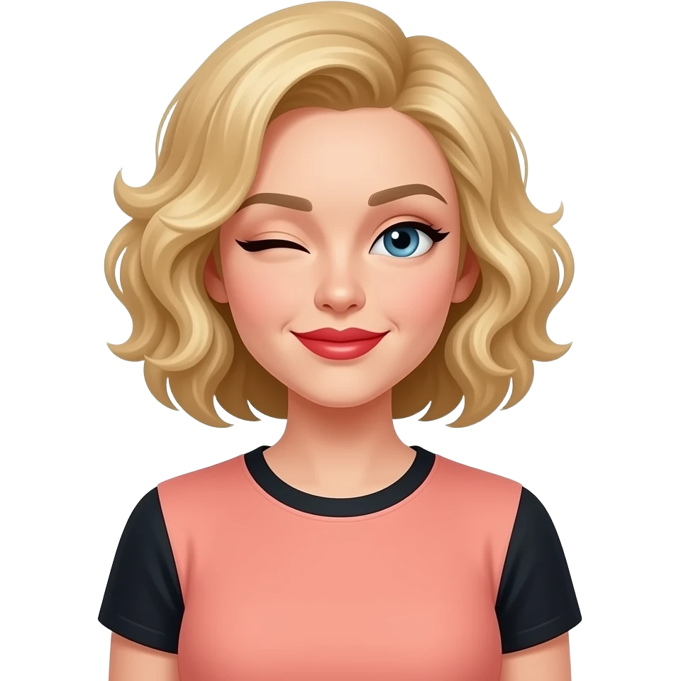 Short curly blond hair side swept red lipstick and peach and black short sleeve WINKING emoji