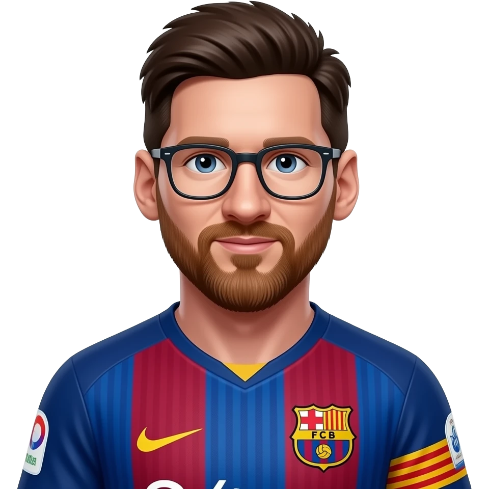 Messi-inspired 3D emoji, full Barcelona jersey, same face every time, no glasses. emoji