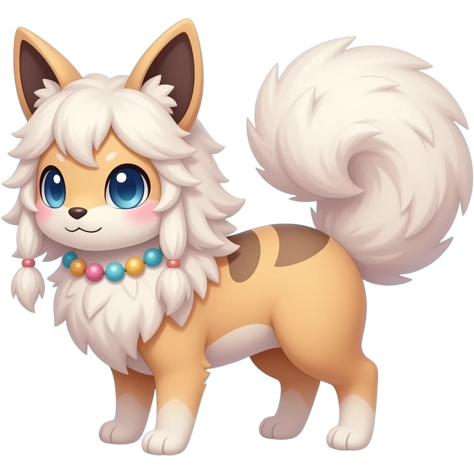 Fuzzy slim oriental feathery long-haired beaded mane cozy rosy aesthetic feathery Rosy beautiful Sylveon-Furret-Minccino-Espeon-Fakémon-hybrid emoji
