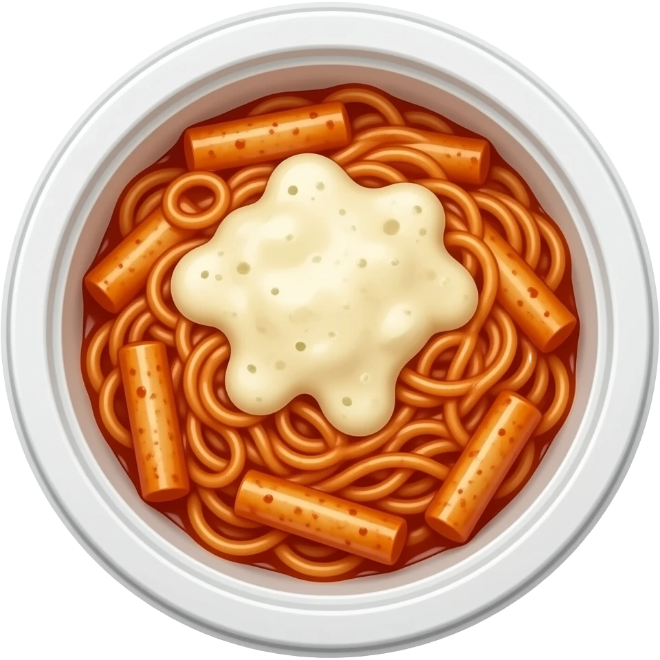 korean tteokbokki with melted mozzarella cheese in white round disposable container emoji