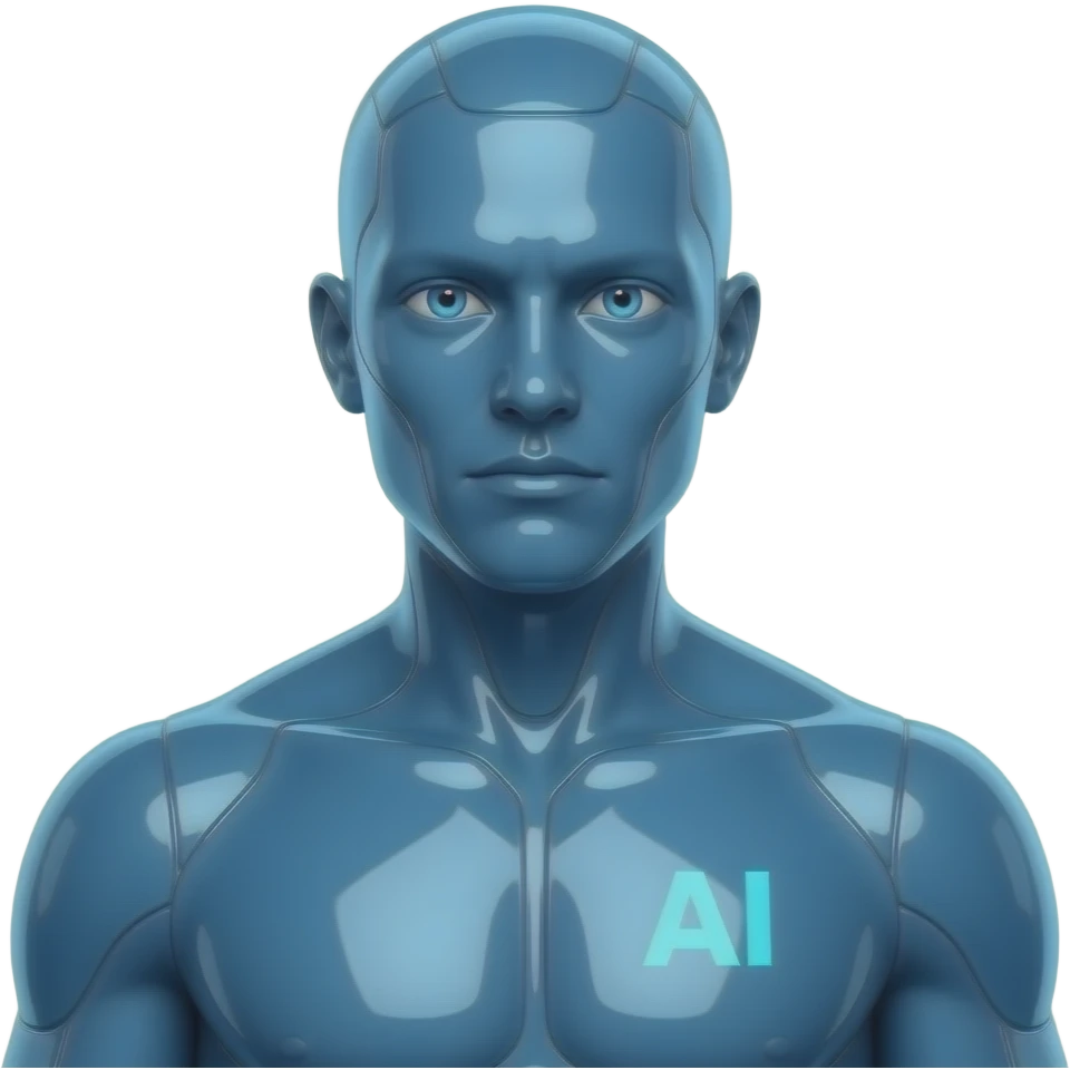 Erstelle eine sexy männliche Science-Fiction AI mit durchsichtiger blauer und glänzender Plastik artigen Haut, das Gesicht und Körper auch. er hat keine Augenbrauen und keine Haare. Ein AI Logo als Schrift leichten blau auf seiner rechten Brust und seine Augen leuchten  auch blau emoji