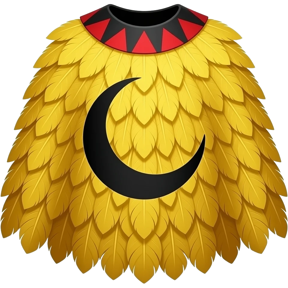 broad semicircular feather cloak densely covered in brilliant golden-yellow feathers, with a wide rounded lower edge and open neckline. Its surface features a massive sweeping black crescent motif, red triangular forms along the shoulders, and alternating red-and-black blocks around the collar. emoji