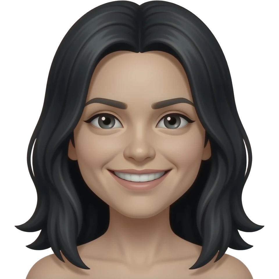 looks like momo black long hair deep sulky eyes and a big smile stretching from one ear to the other very creepy emoji