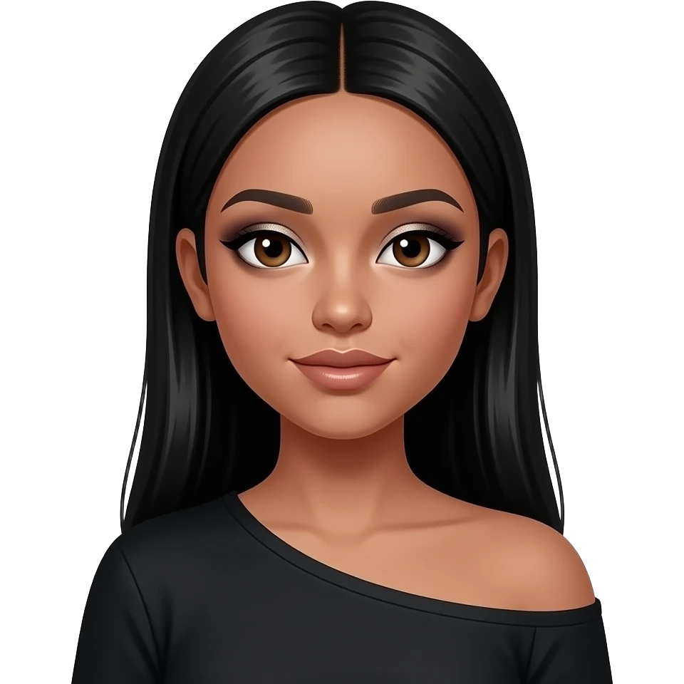 Black girl Teenage hazelnut eyes, smoky eye glitter makeup Long straight black hair one shoulder off black top emoji