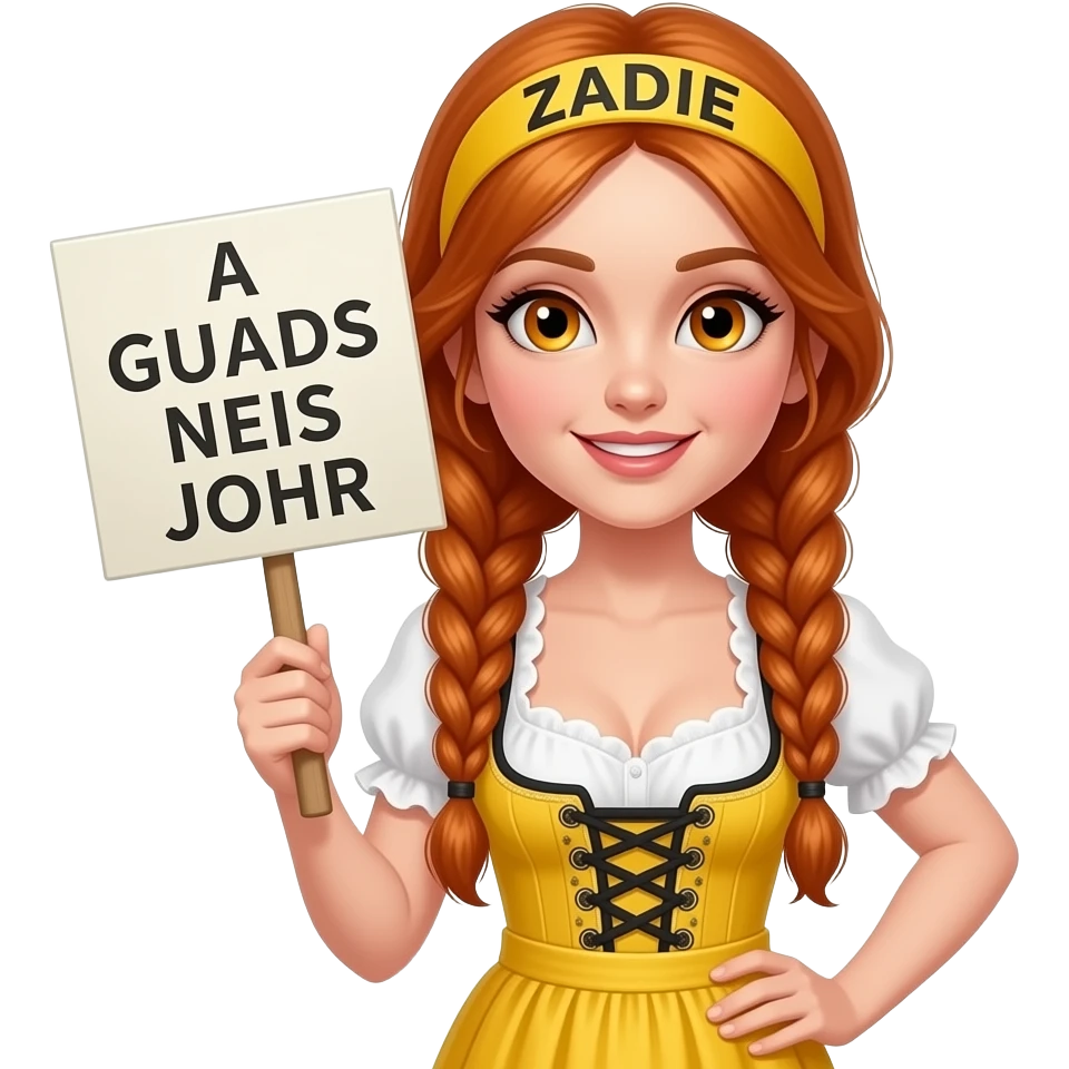 sexy girl with overlong ginger braids and ginger eyes wearing a yellow dirndl and a yellow headband with ZADIE written on it, is holding a sign with A GUADS NEIS JOHR written on it emoji