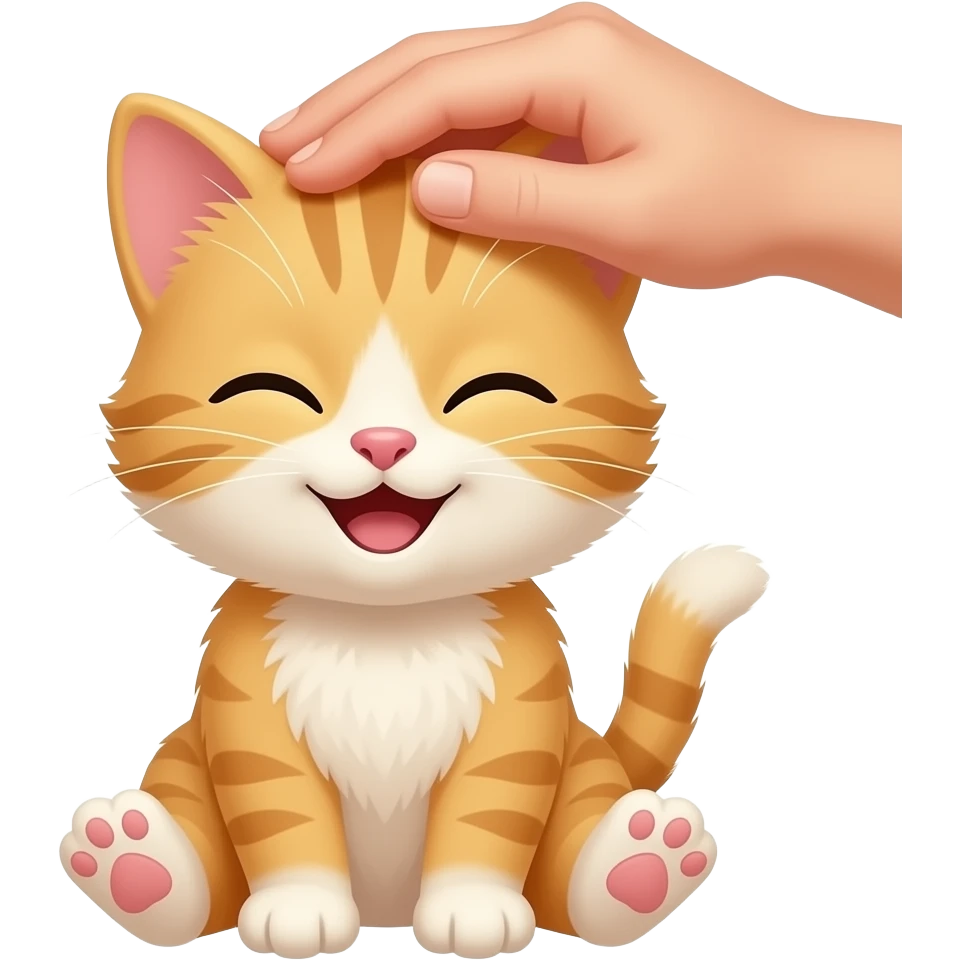 앉아있는 아기 고양이 머리 손으로 쓰다듬기, 고양이는 눈감고 행복해하는 표정 emoji
