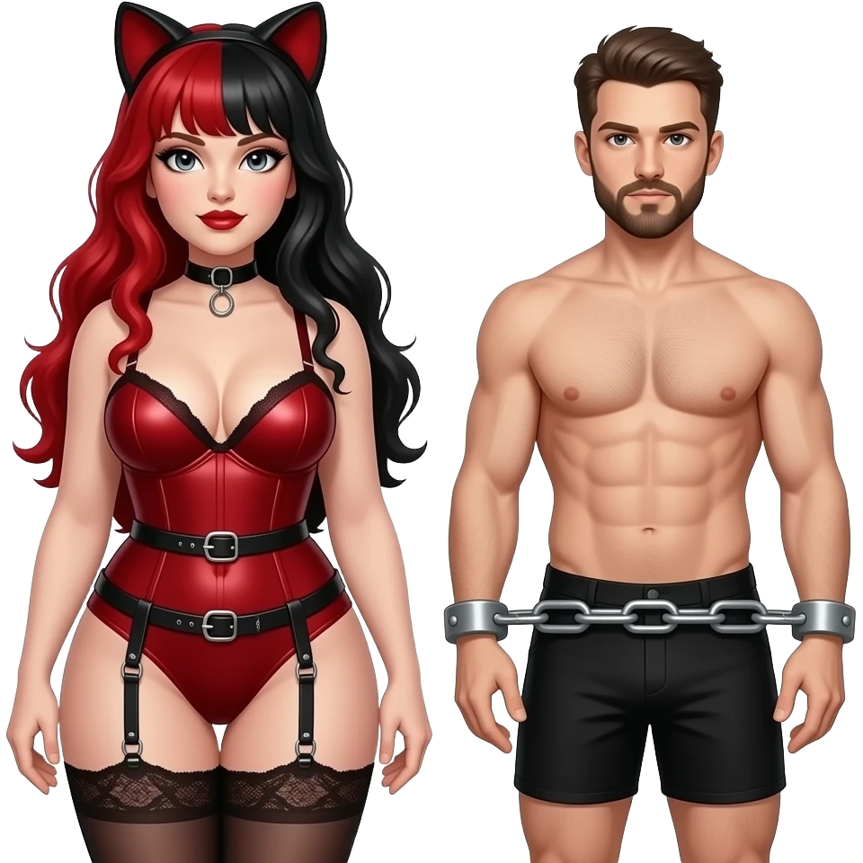 Dominatrix wearing a darkred bdsm style harness lingerie. White skin, chubby, dark Make the girl have long red and black hair and male partner in boxers getting chained up with goatee facial hair emoji