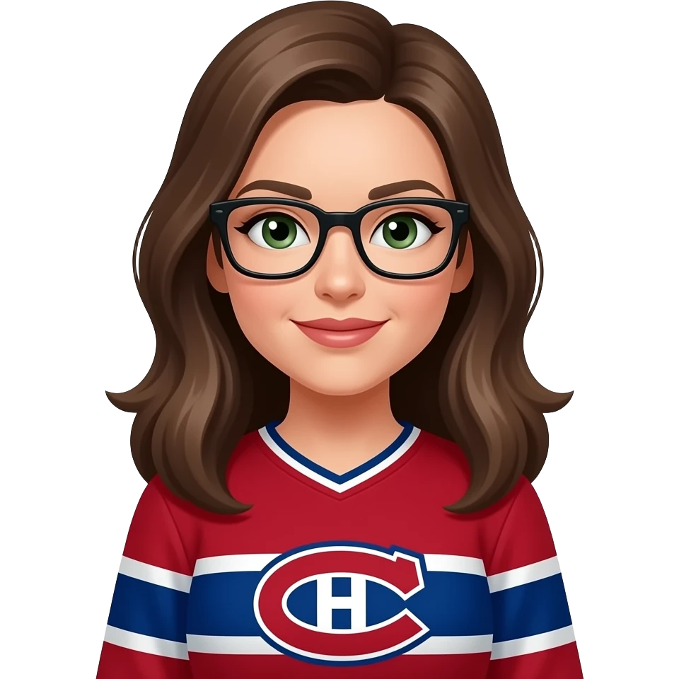 Female Montreal Canadiens fan Female long brown hair black frame glasses green eyes emoji
