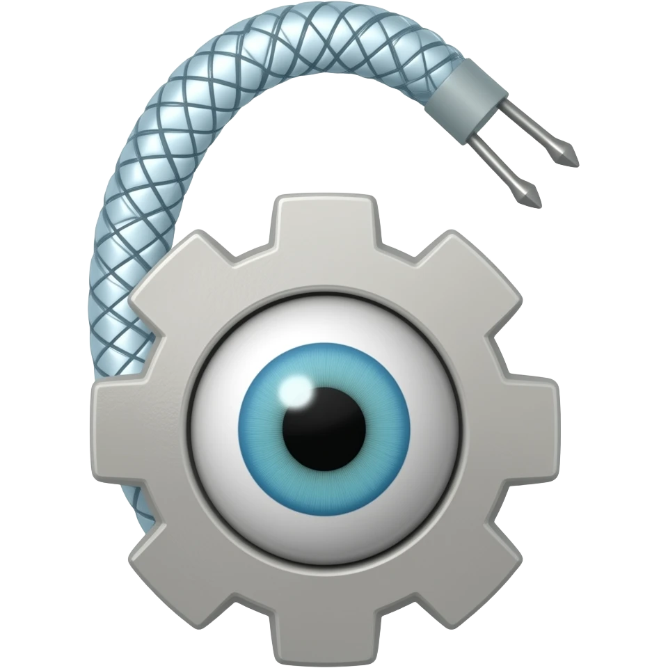 A number six that is made of a gear and a cable and one eye in the middle of the gear , and it looks like it's in the shape of the number six a gear on the bottom and a cable on the top of the gear emoji